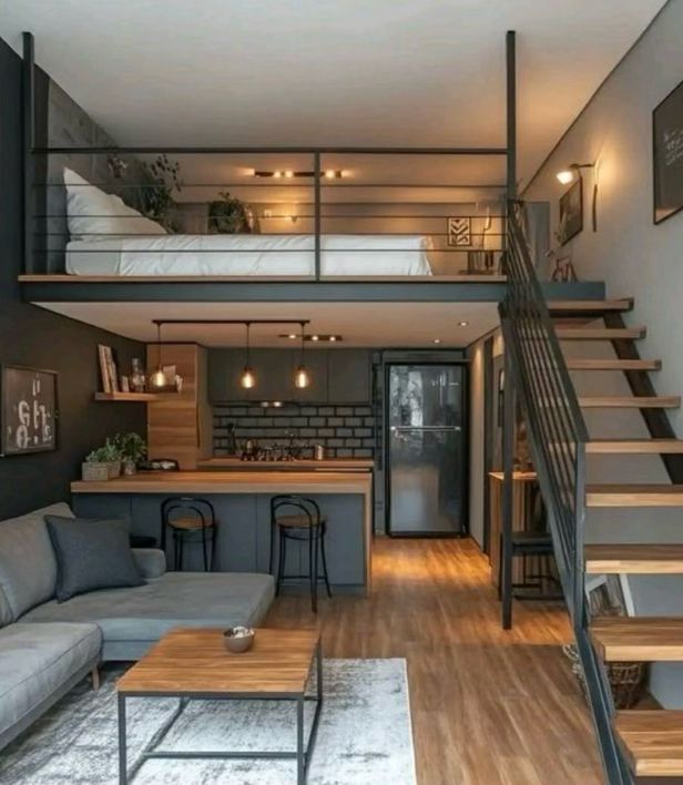 Render de interior tipo loft con entrepiso